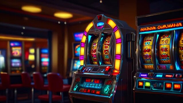A variety of brightly colored slot machines in a casino with red chairs in the background.