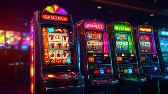 A variety of brightly colored slot machines with flashing lights.