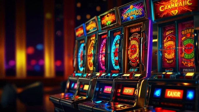 A variety of brightly colored slot machines in a casino setting.