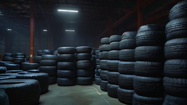 Stacks of used tires fill a dark warehouse lit by a single overhead light.