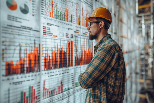 Worker reviewing financial charts in warehouse