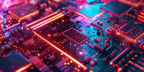 Fototapeta premium A closeup of an advanced computer chip with glowing red and blue lights, surrounded by intricate circuitry on the surface of its board. The background is dark and blurred to emphasize the focus on the