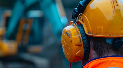 Worker Wearing Ear Protection at Construction Site with Heavy Machinery