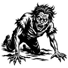 Obraz premium Spooky black and white handdrawn illustration of terrifying zombie creature crawling for halloween and horror designs