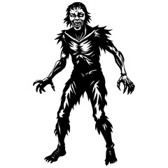 Stark black and white zombie man walking aggressively, perfect for halloween and horror graphics