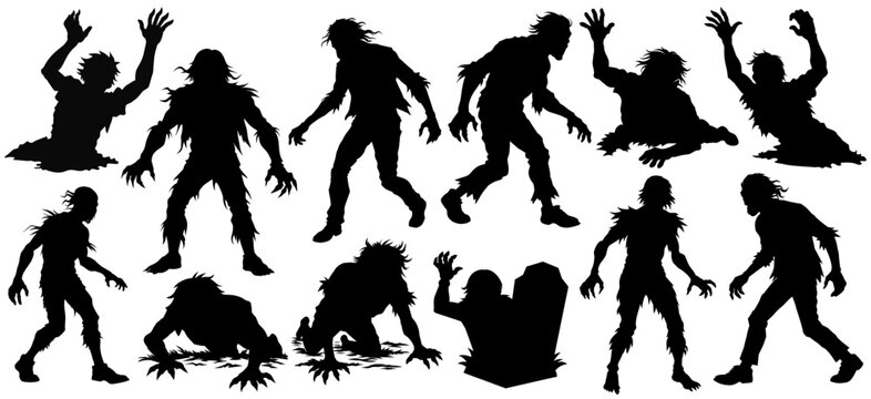 Set of eerie zombie silhouettes portraying various poses, perfect for halloween graphics and scary design projects