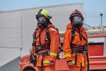 Firefighter Team Training with Various Tools in Professional Gear