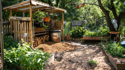 Fototapeta premium Composting station with kitchen scraps and garden waste