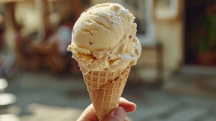 someone is holding ice cream in a waffle cone, close up of italian ice cream, ai generated