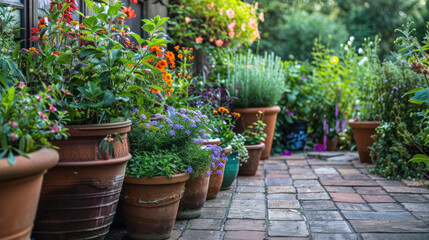 Container garden on a patio with a mix of flowers and herbs