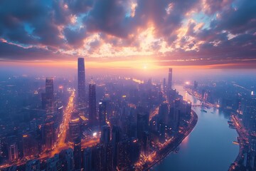 Fototapeta premium Stunning sunset over urban skyscrapers