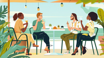 Coworkers enjoying a plant-based lunch at an outdoor cafe