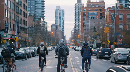 Fototapeta premium Cyclists on a dedicated bike lane in the city