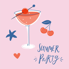 Summer party template's design. Glass of cocktail and Summer party lettering. Hand drawn flat style vector illustration for print, card, poster, social media post.