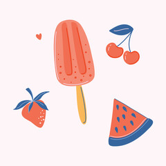 Watermelon and berries Ice Cream Popsicle Ingredients. Vegan recipe. Traditional Summer beach dessert. Cute hand drawn vector illustration.