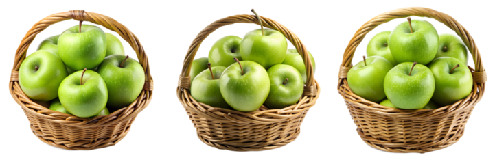 Fresh beautiful green apples in a beautiful basket highly detailed isolated on transparent background PNG file