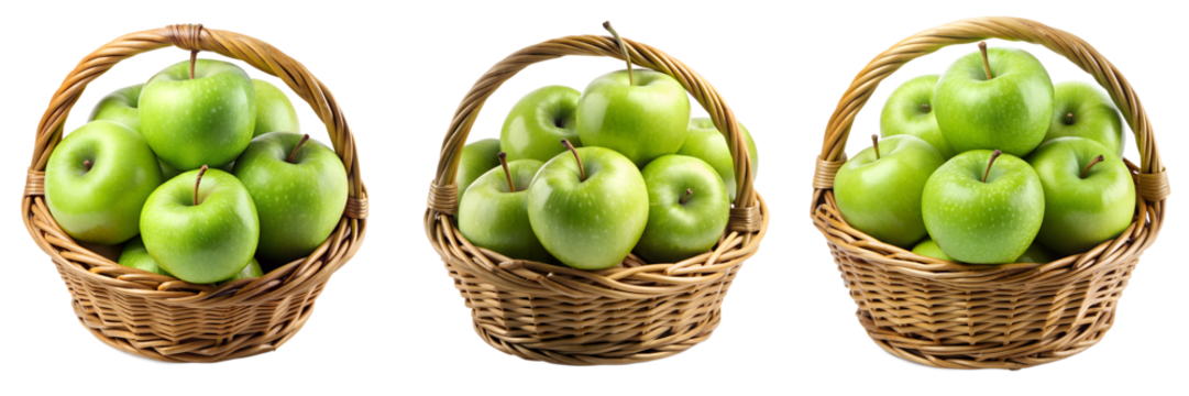 Fresh beautiful green apples in a beautiful basket highly detailed isolated on transparent background PNG file