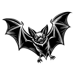 Striking black and white of an intimidating vampire bat with spread wings, perfect for halloweenthemed graphics and decorations