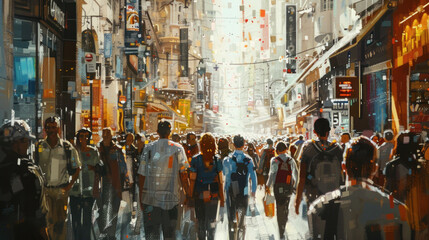 Fototapeta premium Diverse crowd walking through a busy pedestrian street