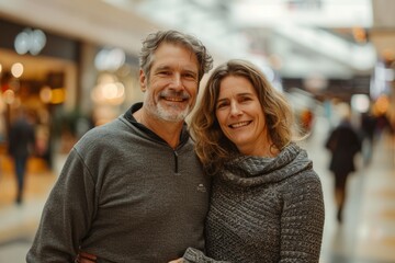 Obraz premium Portrait of a cheerful caucasian couple in their 40s showing off a thermal merino wool top isolated on bustling shopping mall