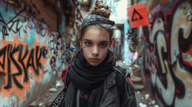Noam Chomsky's philosophy of anarchist rebellion , a rebel girl standing in a street amidst graffiti walls and she looks determined and confident by her pose , gesture and confident eye contact