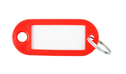 Red keychain with space for text on a white background.