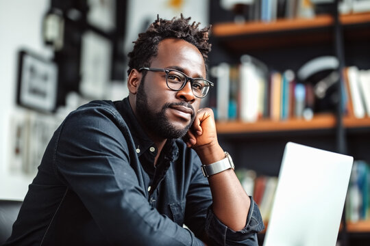 Portrait of handsome black man wearing black shirt sits at the desk and works laptop.