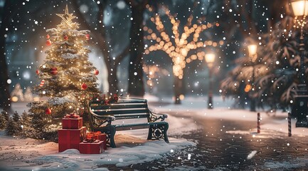 Enchanting Winter Wonderland: Festive Bench in Snowy Christmas Scene