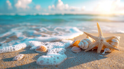 Obraz premium Starfish and various seashells lying on a sandy beach with ocean waves in the background.