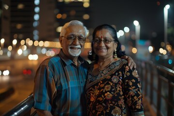 Obraz premium Portrait of a blissful indian couple in their 50s sporting a vented fishing shirt on glittering city nightlife