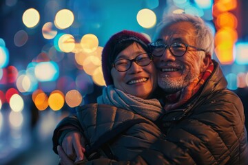 Obraz premium Portrait of a blissful multicultural couple in their 60s sporting a quilted insulated jacket on glittering city nightlife