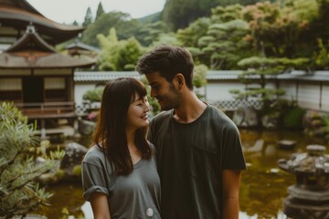 Fototapeta premium Portrait of a tender couple in their 20s sporting a breathable mesh jersey in backdrop of a traditional japanese garden