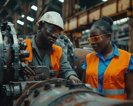 African American male and female engineers in safety vest and helmet checking and repairing old machine at heavy metal industrial factory Preventive Maintenance concept