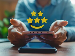 Male customer using smartphone making review satisfaction survey on excellent five star rating and smile face icon in service impressed, feedback for service providers to improve business
