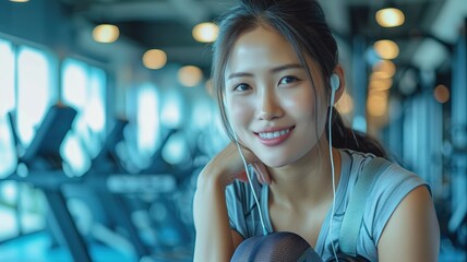Happy Asian woman with prosthetic leg listening to music via headphone after working out at the gym