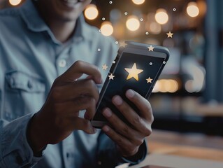 Male customer using smartphone making review satisfaction survey on excellent five star rating and smile face icon in service impressed, feedback for service providers to improve business