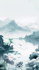 Summer Chinese style lotus landscape painting
