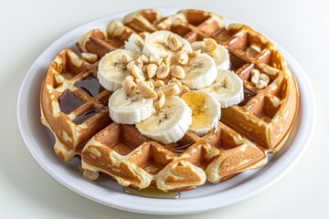 Fluffy Waffles Topped with Warm Honey and Mashed Bananas