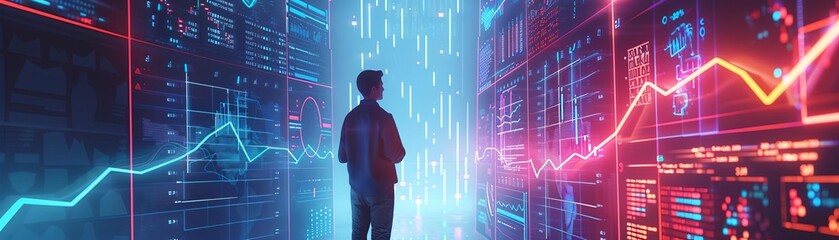 Obraz premium Graphic of Business professional analyzing a 3D model of data graphs, with a neon timeline showing financial growth