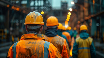 Naklejka premium Group of industrial workers in hard hats and safety vests walking through a factory, emphasizing teamwork and safety protocols.