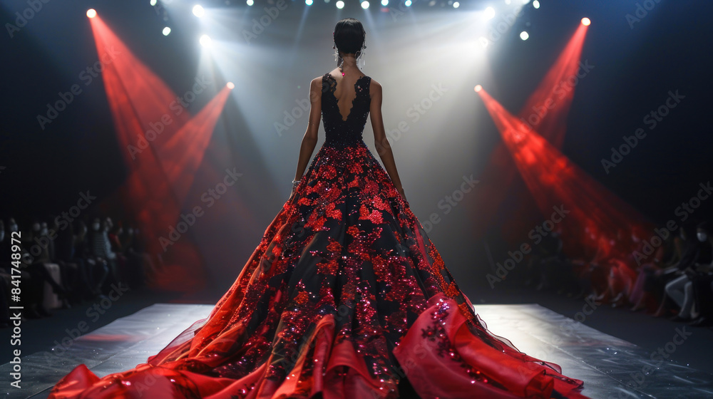 Wall mural Elegant evening gown showcased on a runway