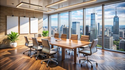 Modern office meeting room with empty chairs and wooden table, whiteboard, and cityscape view, conveying a sense of productive collaboration and innovation.