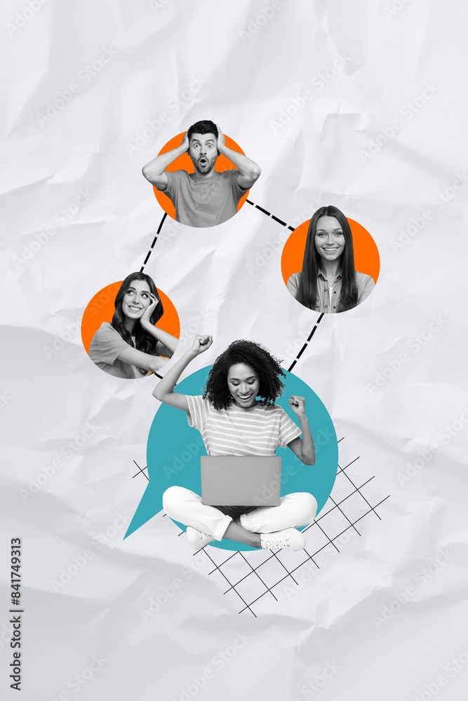 Poster creative abstract template collage of funny teamwork online connection message teambuilding freak bi