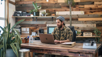 Employee working at a desk made from reclaimed wood