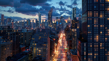 Fototapeta premium Evening skyline with city lights and bustling streets