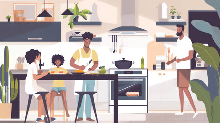 Family cooking a healthy dinner together in a modern kitchen