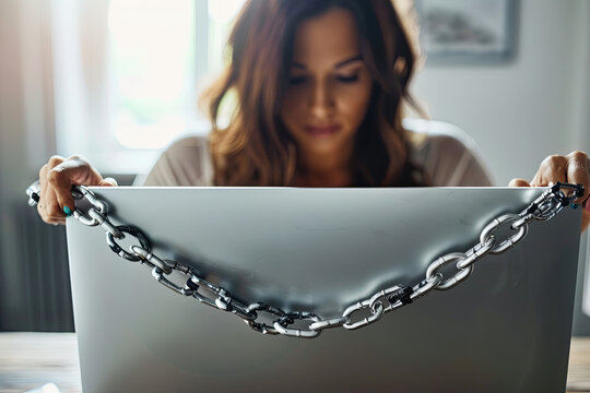 Woman chained to computer, symbolizing technological dependence
