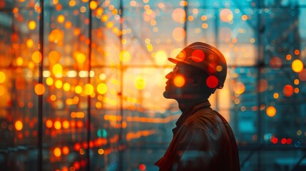 Architect Inspecting Vibrant Building Materials: Double Exposure Silhouette at Construction Site.