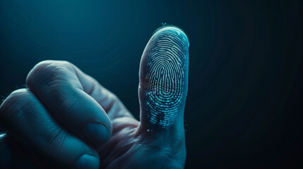 Close-up of a finger with a glowing digital fingerprint overlay, symbolizing biometric security and technology.