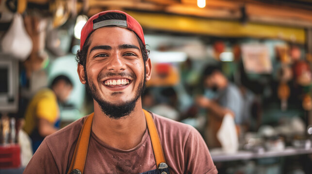A man with a red hat and beard is smiling and posing for a picture. He is wearing a red shirt and an apron. tired minimum wage worker, very happy smile, tired eye - Powered by Adobe